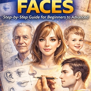 Puede incluir: Portada del libro titulada "How to Draw FACES" con el texto "Step-by-Step Guide for Beginners to Advanced". La portada presenta ilustraciones de rostros y retratos de un hombre mayor, una mujer, un niño pequeño y un hombre dibujando. Hay una pancarta de "BESTSELLER" en la parte superior.