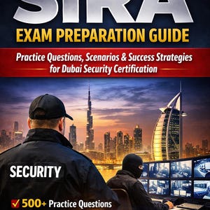 Puede incluir: Portada de libro con el título "SIRA EXAM PREPARATION GUIDE". La imagen muestra un paisaje urbano, personal de seguridad y texto que destaca preguntas de práctica y escenarios para la certificación de seguridad de Dubái.
