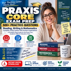 Pode incluir: Um guia de estudo Praxis Core Exam Prep com mais de 500 questões de prática para leitura, escrita e matemática. A capa exibe o texto Your Teaching Career Starts Here, Praxis Core Exam Prep e inclui ícones para as matérias de estudo.