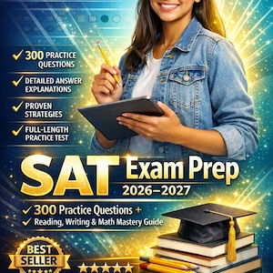 Op de afbeelding: Boekomslag van SAT Exam Prep 2026-2027. Een lachende vrouw houdt een tablet en een potlood vast. De tekst op de omslag bevat "300 Oefenvragen", "Gedetailleerde Antwoordverklaringen", "Bewezen Strategieën" en "Volledige Proeftest".