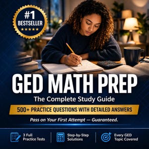 Op de afbeelding: Een persoon studeert uit een GED Math Prep boek. De cover toont de tekst "GED MATH PREP" en "The Complete Study Guide". Het boek belooft meer dan 500 oefenvragen en gedetailleerde antwoorden. De tekst "#1 BESTSELLER" is ook aanwezig.