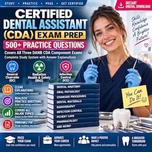 May include: A digital study guide for the Certified Dental Assistant exam featuring a stack of books labelled with dental topics, a dental model, and text including "500+ Practice Questions" and "Covers All Three DANB CDA Component Exams."