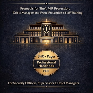 May include: A book cover titled "Luxury Hotel Security Playbook" with text about protocols for theft, VIP protection, and staff training. A gold illustration of a hotel and a shield with a keyhole are featured. The cover also states "340+ Pages Professional Handbook PDF".