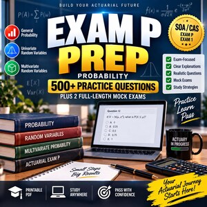 Op de afbeelding: Een studiegids voor Exam P met een stapel van vier boeken getiteld Probability, Random Variables, Multivariate Probability en Actuarial Exam P, een laptop met een oefenvraag, een zwarte mok en een rekenmachine.