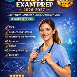 May include: Book cover for HESI A2 Exam Prep 2026-2027. The cover features a smiling woman in blue scrubs with a stethoscope. Text includes "300+ Questions", "Best Seller", and subject areas like Math and Biology.