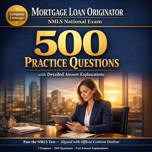 Könnte beinhalten: Eine Frau in einem marineblauen Blazer betrachtet ein Tablet an einem Schreibtisch. Das Bild zeigt den Text: "MORTGAGE LOAN ORIGINATOR, NMLS National Exam, 500 PRACTICE QUESTIONS." Der Text "Pass the NMLS Test - Aligned with Official Content Outline" ist ebenfalls enthalten.