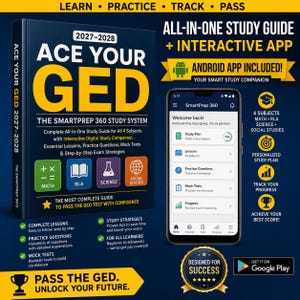 May include: A dark blue 2027-2028 ACE YOUR GED study guide book featuring the SmartPrep 360 system, alongside a smartphone displaying the interactive app interface. The book cover lists four subjects: Math, RLA, Science, and Social Studies.