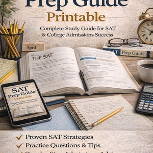 Può includere: Immagine di una Guida alla preparazione al SAT, una guida completa allo studio per il SAT e il successo nell'ammissione al college. L'immagine include un libro aperto, uno smartphone, matite, una calcolatrice e una tazza di caffè. La guida è disponibile per il download.