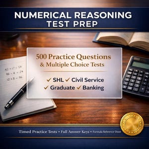 Può includere: Immagine promozionale per la preparazione ai test di ragionamento numerico. L'immagine include una calcolatrice, un libro aperto, un blocco note con calcoli e una penna. Il testo evidenzia "500 domande pratiche e test a scelta multipla".