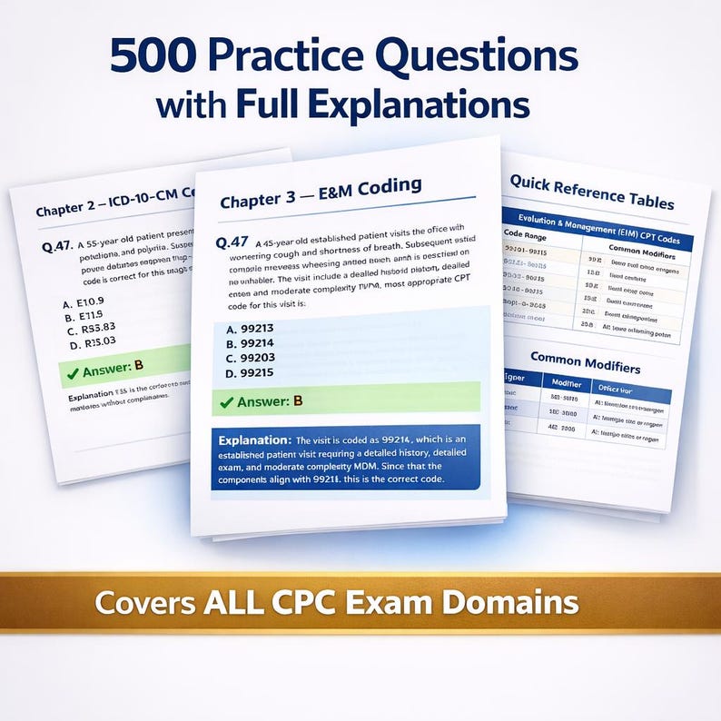 CPC Exam Prep Study Guide, 500 Medical Coding Practice Questions (PDF ...