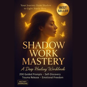 May include: A book cover with the title "SHADOW WORK MASTERY" in gold lettering. The cover shows a woman's profile in a golden light, with butterflies and the text "A Deep Healing Workbook". The book promises 200 guided prompts and emotional freedom.