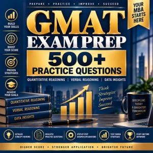 Könnte beinhalten: Ein GMAT-Prüfungsvorbereitungsbuch mit dem Text GMAT EXAM PREP 500+ PRACTICE QUESTIONS, einem Stapel aus drei blauen Büchern mit den Titeln Quantitative Reasoning, Verbal Reasoning und Data Insights, einem schwarzen Stift und einer Tasse.