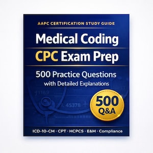 Könnte beinhalten: Ein blaues Buch mit dem Titel "Medical Coding CPC Exam Prep" in goldener Schrift. Das Cover enthält den Text "500 Practice Questions" und ein goldenes Siegel mit der Aufschrift "500 Q&A". Es ist ein Studienführer für die medizinische Kodierung.