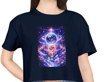 Present till kvinnodagen, present till mors dag, grafisk t-shirt med färgglad kvinna, crop top med spirituellt universumkonst