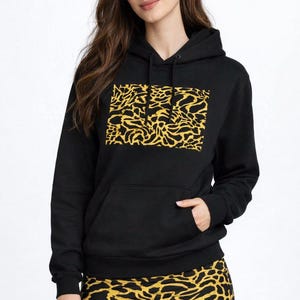Moletom com capuz e estampa de leopardo preto, estilo streetwear oversized, pulôver unissex de lã com estampa gráfica.