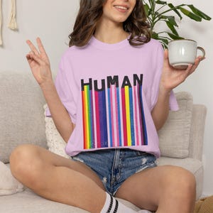 Comfort Colors® HUMAN Rainbow Barcode T-Shirt | Pride Striped Tee, LGBTQ Ally Tee, Equality T Shirt, Inclusive Rainbow Clothing