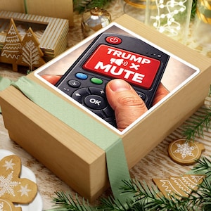 Op de afbeelding: Een cadeauverpakking met een groen lint en een sticker met een zwarte afstandsbediening met de tekst "TRUMP X MUTE". De afstandsbediening heeft rode, blauwe en groene knoppen. Kerstversieringen, waaronder peperkoek en dennentakken, omringen de doos.