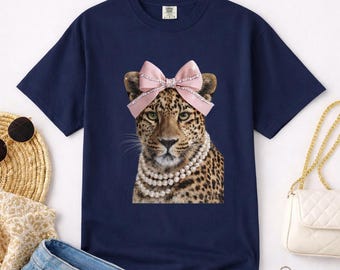 Comfort Colors Leopard Portrait Bow Pearl T-Shirt, Whimsical Animal Print Tee