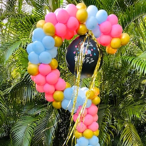May include: A colourful balloon arch featuring pink, blue, and gold balloons. A black balloon in the centre has gold streamers and the text "She's Ready To See". The arch is set against green foliage.