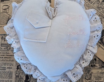 Vintage Heirloom Tooth Fairy Pillow, Pocket with Eyelet Lace Trim