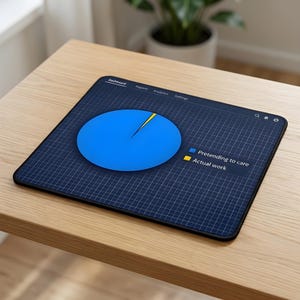 May include: A black rectangular mousepad featuring a blue pie chart graphic. The chart shows a large blue section labelled "Pretending to care" and a small yellow section labelled "Actual work". The mousepad has the words "Dashboard", "Reports", "Analytics", and "Settings" at the top.