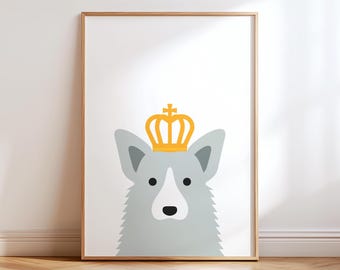 Corgi Dog Wall Art Print, Minimalist Crowned Pet Illustration Poster