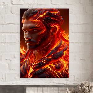 Puede incluir: Un retrato de un hombre con cabello y piel de fuego, representado en tonos rojos, naranjas y negros. La obra de arte tiene un ambiente dramático e intenso, con las llamas pareciendo emanar de la cabeza y los hombros del hombre.