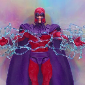 May include: A Magneto action figure in a classic costume. The figure is mainly red and purple, with a helmet and cape. The figure is posed with translucent blue energy effects emanating from the hands.