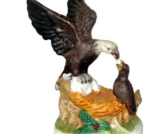 Bald Eagle Feeding Offspring in Nest Bisque Porcelain Figurine Vintage