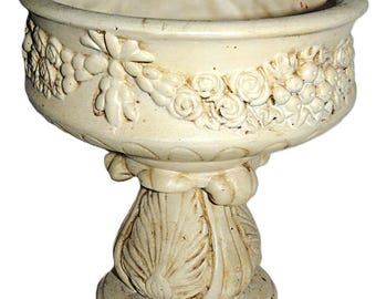 Vintage Ceramic Pedestal Planter compote urn Floral Fruit Relief Cream Finish