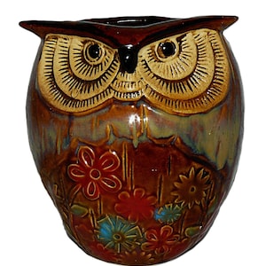 Vintage MCM Owl-Shaped Ceramic Planter Vase Pot Hand-Painted Rustic Retro Kitsch