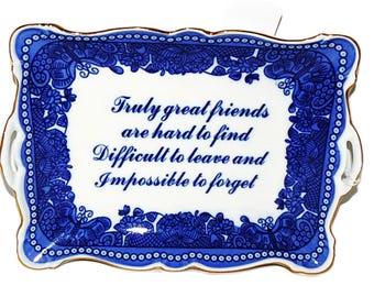 Vassoio decorativo in porcellana Godinger & Co. Truly Great Friends con motivo floreale blu, vintage.