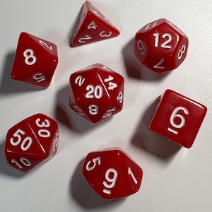 May include: A collection of seven red polyhedral dice with white numbering. The dice include a four-sided die, a six-sided die, an eight-sided die, a ten-sided die, a twelve-sided die, a twenty-sided die, and a thirty-sided die. Ideal for tabletop games.