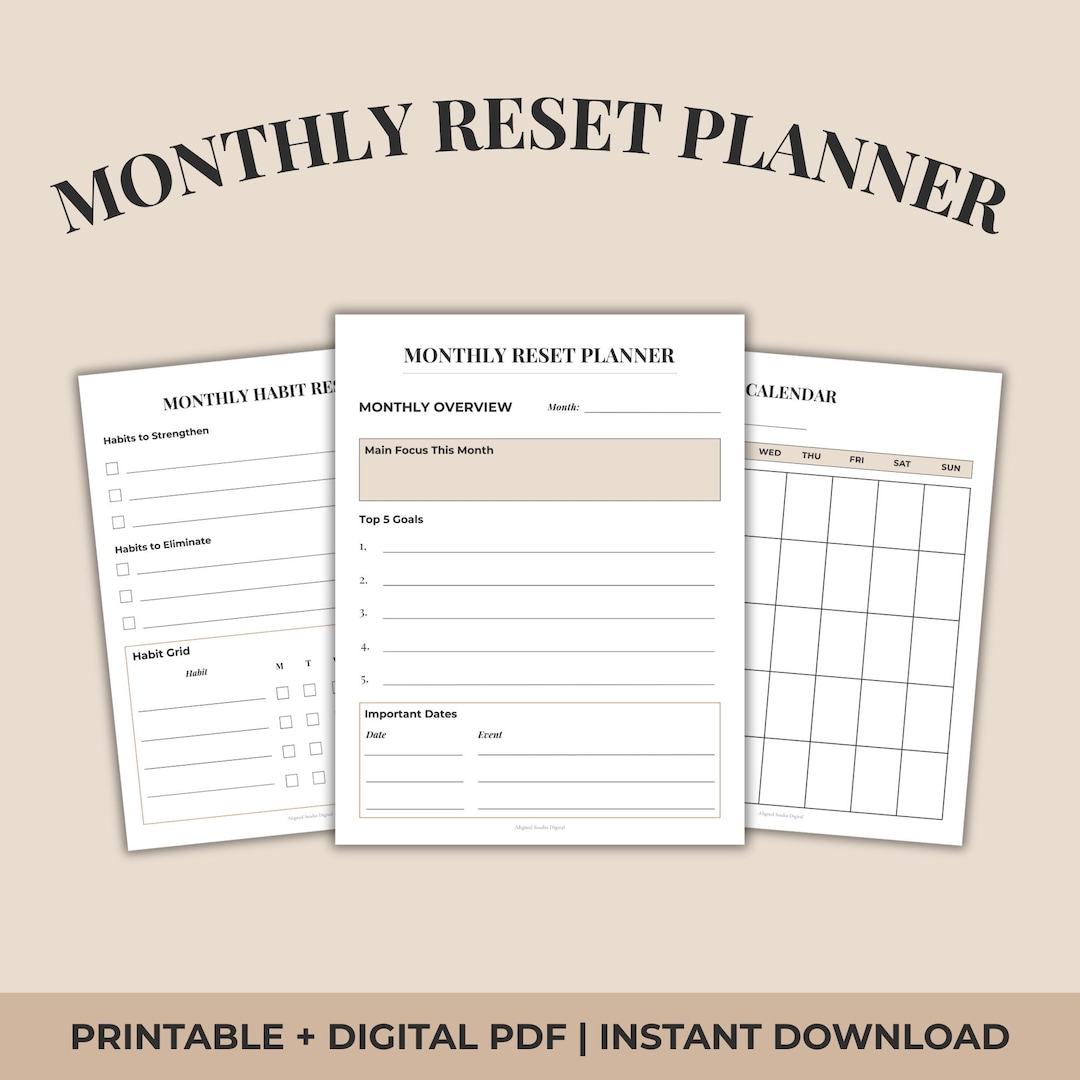 Minimalist Monthly Reset Planner | Goal & Habit Tracker (printable PDF ...