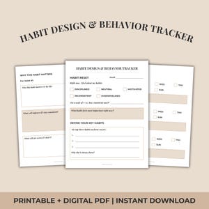 Può includere: Un tracker stampabile per la progettazione di abitudini e comportamenti con il testo "HABIT DESIGN & BEHAVIOR TRACKER". Le pagine includono sezioni per la reimpostazione delle abitudini, le abitudini chiave e il monitoraggio dei giorni della settimana. La parte inferiore dell'immagine recita "PRINTABLE + DIGITAL PDF | INSTANT DOWNLOAD".
