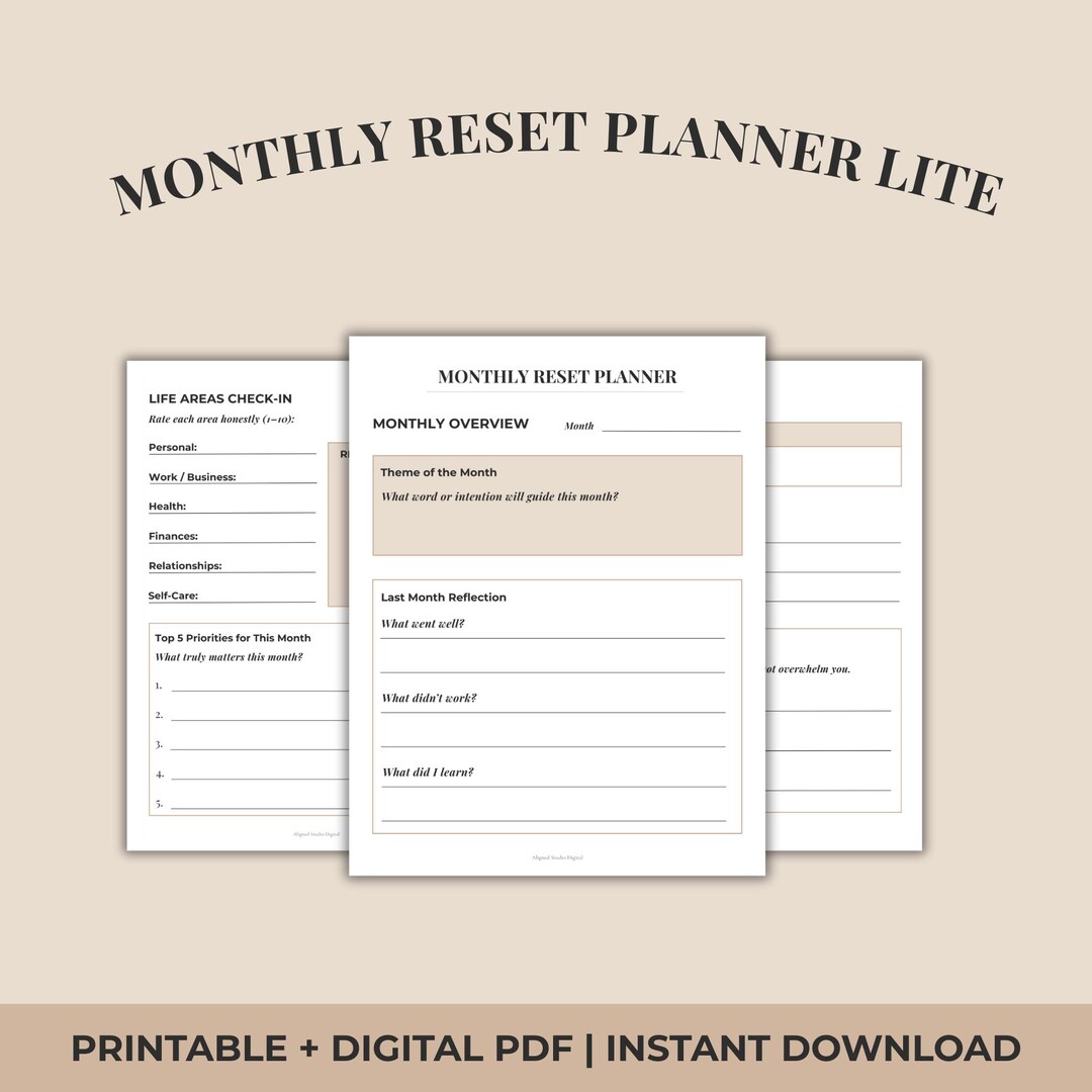 Monthly Reset Planner Printable PDF | Goal Setting, Reflection & Life ...