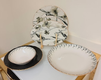 Set Of 29 Turkish Porcelain Dinnerware Set With Watercolor Floral Design, Elegant Plates  and  Bowls