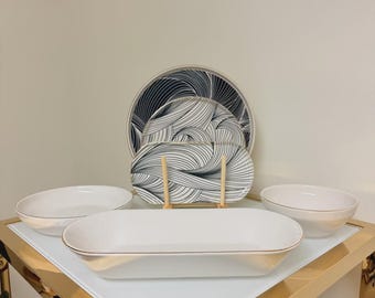 Set Of 27 Turkish Porcelain Dinnerware Set, Modern Swirl Design Plates, Bowls  and  Serving Dishes