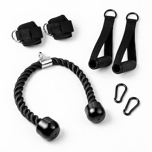 May include: A set of black exercise equipment, including ankle straps, handles, a tricep rope, and carabiner clips. The items are made of durable materials and are designed for various strength training exercises. The equipment is displayed on a white background.