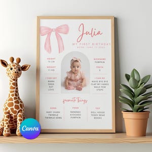 May include: A framed print with a pink bow and the name "Julia" in cursive. The print includes a baby's photo, height (75 cm), weight (11 kg), and favorite things. A giraffe toy and a potted plant are on the shelf.