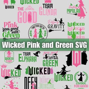 Op de afbeelding: Een verzameling roze en groene SVG-ontwerpen met een heksenthema. De ontwerpen bevatten tekst zoals "Wicked", "Team Glinda" en "Defying Gravity", samen met heksensilhouetten, hoeden en bezems. De zin "Pink goes good with Green" is ook aanwezig.