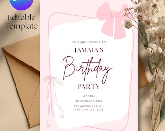 Invitación de cumpleaños con lazo rosa coqueto / Plantilla editable de Canva / Invitación de cumpleaños para niñas / Descarga digital