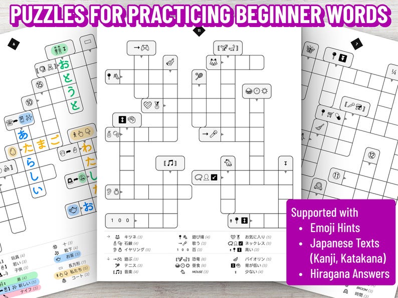 May include: Three pages of crossword puzzles for practising Japanese beginner words. The pages feature grids with emoji hints, Japanese text including Kanji and Katakana, and Hiragana answers. The top text reads PUZZLES FOR PRACTICING BEGINNER WORDS.