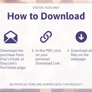 K&ouml;nnte beinhalten: Bild mit Anweisungen zum Herunterladen digitaler Dateien. Der Text lautet "How to Download" mit Schritten wie dem Herunterladen von E-Mails oder K&auml;ufen von Etsy, dem Anklicken eines Download-Links und dem Herunterladen von Dateien von der Webseite.