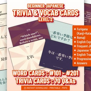 K&ouml;nnte beinhalten: Ein Set aus japanischen Trivia- und Vokabelkarten f&uuml;r Anf&auml;nger, Level 2, mit Karten, die japanischen Text, englische Erkl&auml;rungen und &Uuml;bersetzungen enthalten. Die Karten umfassen Furigana, Romaji und Trivia-Fragen als druckbare PDFs f&uuml;r das Lernen.