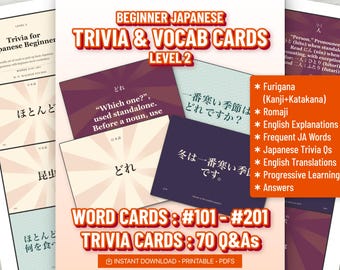 Könnte beinhalten: Ein Set aus japanischen Trivia- und Vokabelkarten für Anfänger, Level 2, mit Karten, die japanischen Text, englische Erklärungen und Übersetzungen enthalten. Die Karten umfassen Furigana, Romaji und Trivia-Fragen als druckbare PDFs für das Lernen.