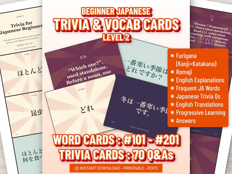 K&ouml;nnte beinhalten: Ein Set aus japanischen Trivia- und Vokabelkarten f&uuml;r Anf&auml;nger, Level 2, mit Karten, die japanischen Text, englische Erkl&auml;rungen und &Uuml;bersetzungen enthalten. Die Karten umfassen Furigana, Romaji und Trivia-Fragen als druckbare PDFs f&uuml;r das Lernen.
