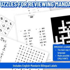 May include: A collection of white paper puzzles for Mandarin language learning. Includes a crossword, word search, and a grid puzzle. The text on the image reads "A. Puzzles for Reviewing Mandarin" and "Includes English-Mandarin Bilingual Labels".
