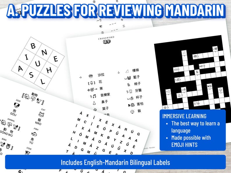 May include: A collection of white paper puzzles for Mandarin language learning. Includes a crossword, word search, and a grid puzzle. The text on the image reads "A. Puzzles for Reviewing Mandarin" and "Includes English-Mandarin Bilingual Labels".