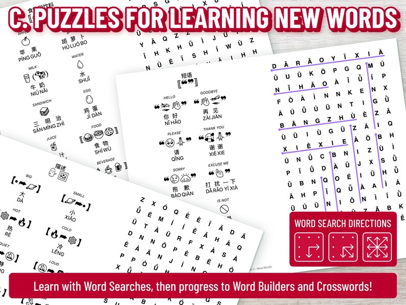 May include: A selection of white paper puzzles designed for learning new words, featuring Chinese characters and English translations. The puzzles include word searches, matching exercises, and vocabulary building activities. The image has a red banner with the text "C. Puzzles for Learning New Words."